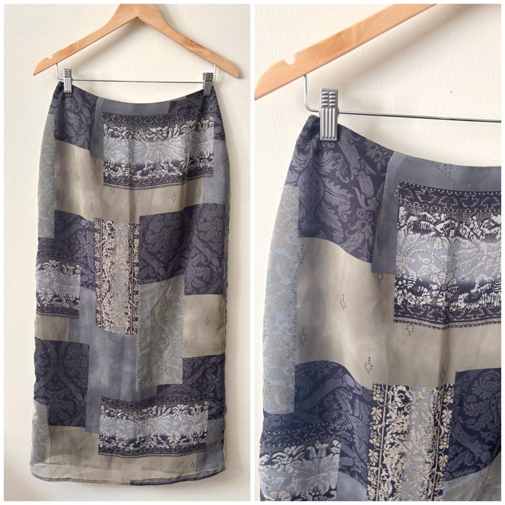 90s Vintage Whimsical Printed Patch A-Style Black Green Paisley Midi Skirt